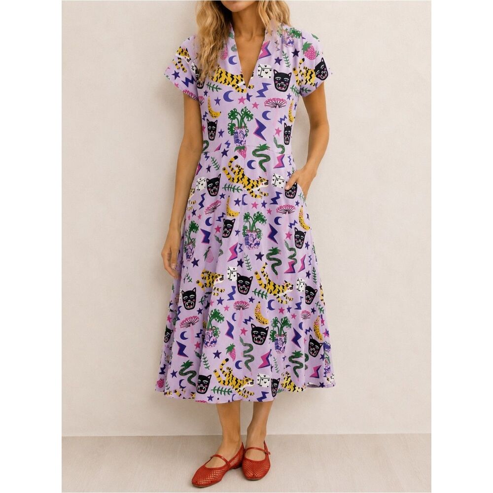 Nooworks Greta Dress XS Purple Graphic Print Fit & Flare Cotton Jersey Pockets